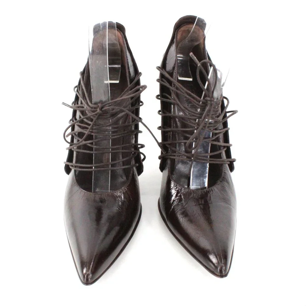 Gianni Barbato Patent Leather Lace Up Pointed Pumps Sculptural Heel Brown 7.5 - Picture 3 of 16